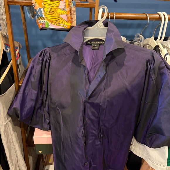 Ralph Lauren Tops - Ralph Lauren Black Label Purple Silk Taffeta Button-Up Blouse with Pouf sleeves